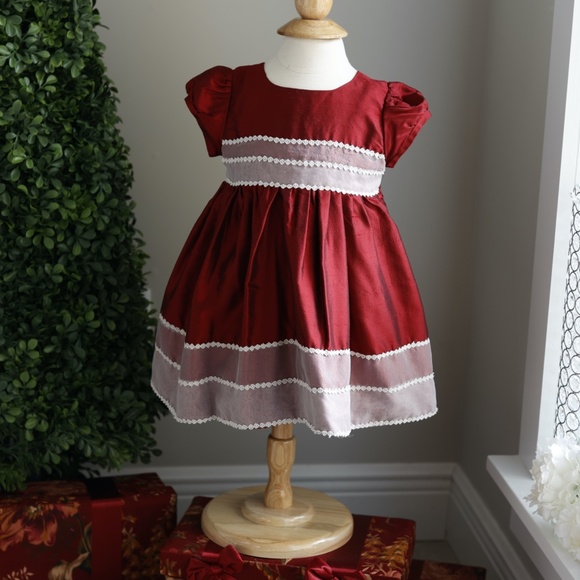 Girl's Red Shantung Silk Dress 18/24 Month Ivory Trim Special Occasion Portrait - Picture 1 of 8
